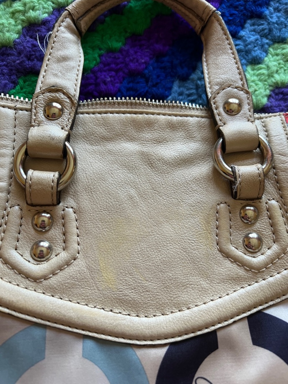 Coach Multicolor Circle Print Satchel - Red, Navy, Light Blue, Beige - Picture 12 of 14